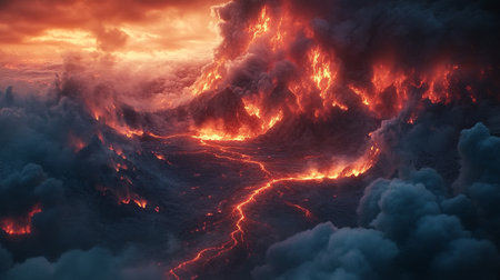 3D illustration of a volcano eruption with lava in the background.の写真素材
