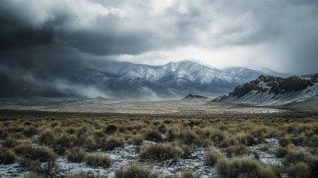 Snowy mountain landscape in New Zealand. Dramatic overcast sky.の写真素材