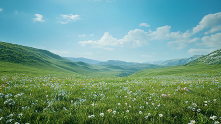 Green meadow with wildflowers and blue sky in the backgroundの写真素材