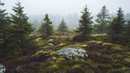 Foggy morning in the spruce forest. Panoramic viewの写真素材