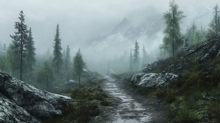 Mountain road in the foggy forest in the mountains. Panoramaの写真素材
