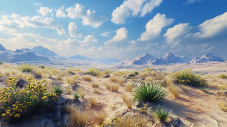 Desert landscape with wildflowers and mountains. 3d renderの写真素材