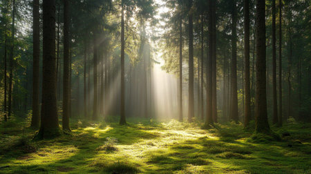 Misty morning in the forest with sunbeams shining through the treesの素材