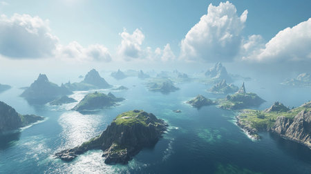 Beautiful seascape with islands and clouds. 3d renderingの写真素材