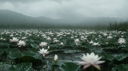 White lotus flowers blooming on the lake in rainy day.の写真素材