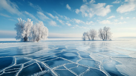 Winter landscape with frozen lake and trees. Panoramic view.の写真素材