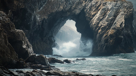 Beautiful view of the ocean waves breaking on the rocks in a caveの写真素材