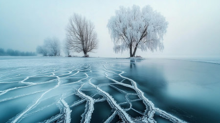 Winter landscape with frozen lake and trees in hoarfrost, long exposureの写真素材