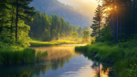 Sunrise over the river in the forest. Beautiful summer landscape.の写真素材