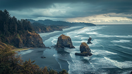 Panoramic view of the Pacific Ocean Coast during a cloudy day.の写真素材