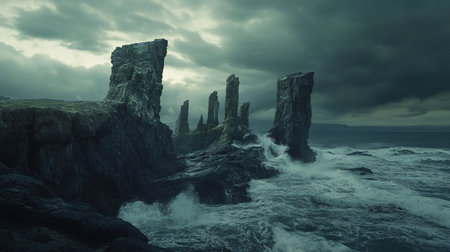 Stormy seascape with basalt columns. 3d renderingの写真素材