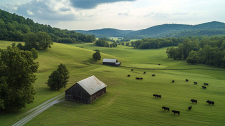 Aerial view of a barn and herd of cows in a meadowの写真素材