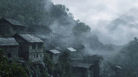 Houses in the mountains during the rainy season. The concept of active and extreme tourismの写真素材