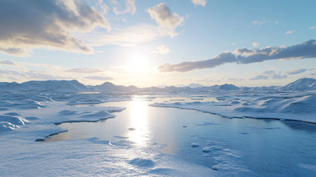 Beautiful winter landscape with frozen lake and snowdrifts at sunsetの写真素材