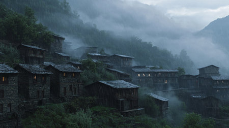Village in the Himalayas, Annapurna Conservation Area, Nepalの写真素材