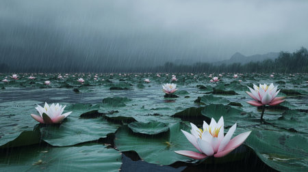 Beautiful water lily flower in the lake with rain background.の写真素材