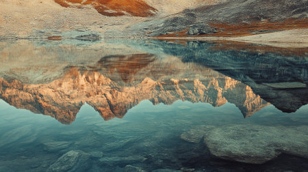 Reflection of mountains and clouds in the lake. Color toning applied.の写真素材