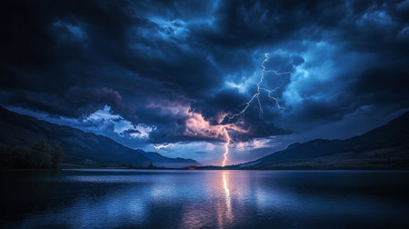 Lightning over Loch Lomond at night, Scotland, UKの写真素材