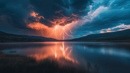 Thunderstorm over a lake. Dramatic stormy sky with lightning.の写真素材