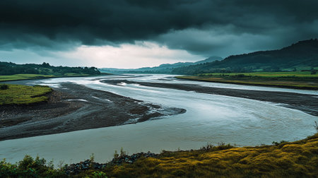 Landscape with river and stormy clouds in Scotland, UK.の写真素材