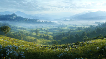 Landscape of foggy meadow with flowers and mountains in backgroundの写真素材