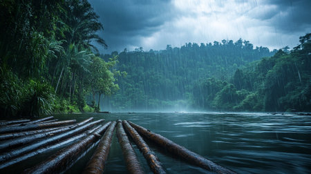Landscape of bamboo rafts on the river in rainy season.の写真素材