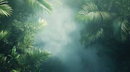 Tropical forest with palm trees and fog. Nature background.の写真素材