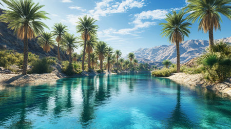Turquoise water of a lake with palm trees and blue skyの写真素材