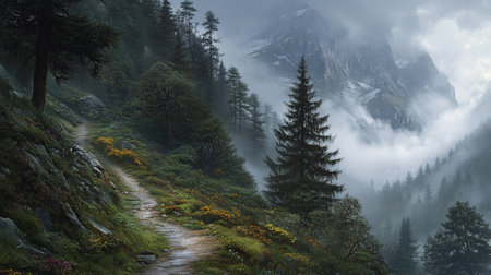 Mountain landscape with foggy forest and a path in the foregroundの写真素材