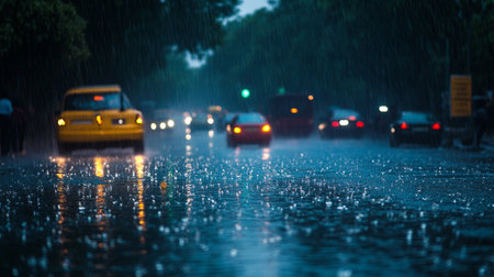 Rainy day in the city. Heavy rain on the road.の写真素材