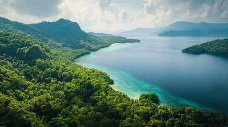 Aerial view of the lake in the mountains. Beautiful summer landscape.の写真素材