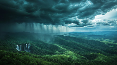Dramatic rain storm over the green mountain valley. Nature composition.の写真素材