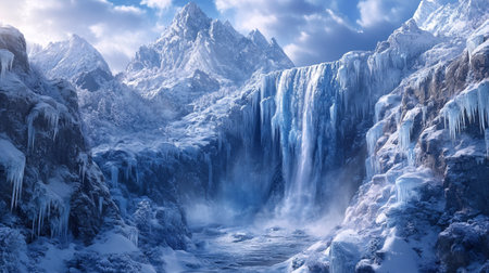 Beautiful winter landscape with frozen waterfall and snow-capped mountains.の写真素材