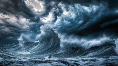 Ocean wave breaking in stormy weather. 3D Rendering.の写真素材