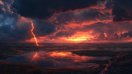 Fiery thunderstorm over the lake at sunset. 3d renderの写真素材