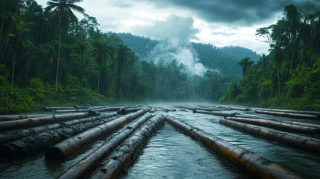 Raft in the rain, Borneo, Sabah, Malaysiaの写真素材