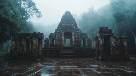 Mysterious temple in the morning mist, Prasat Muang Tam, Angkor, Cambodiaの写真素材