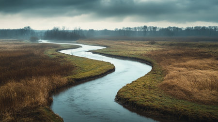 Panoramic view of a small river flowing through the meadow.の写真素材