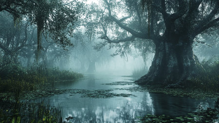 Foggy misty forest with pond and lily pads.の写真素材