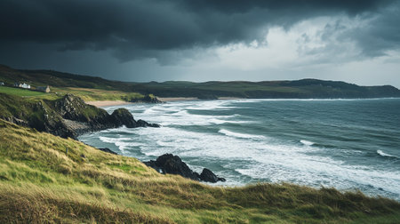 Stormy Atlantic Ocean Coast in Northern Ireland. Long exposure shot.の写真素材