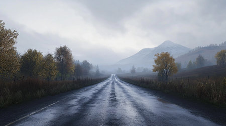 Autumn landscape with a road in the mountains and trees in the fogの写真素材
