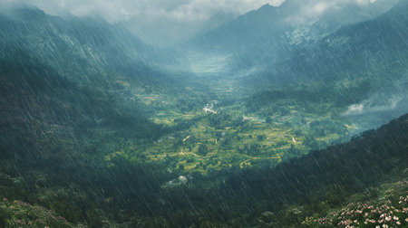 Panoramic view of a valley in the mountains during a rainy dayの写真素材