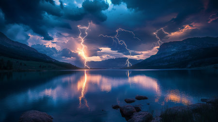 Lightning strike over the lake at sunset. Dramatic sky.の写真素材