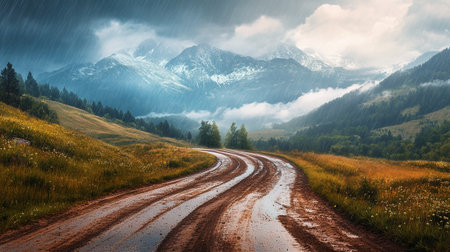 Gravel road in the mountains. Beautiful summer landscape with cloudy sky.の写真素材