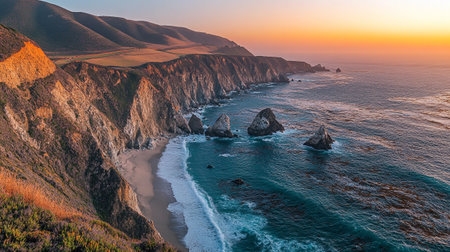 Aerial view of Big Sur coastline and beach at sunset, California, USAの写真素材