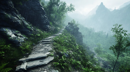Mountain path in the misty foggy forest with stone stairsの写真素材