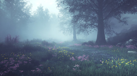 Beautiful spring landscape with blooming meadow and forest in fogの写真素材
