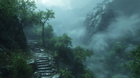 Stone stairs in the jungle with fog and mist in the morning.の写真素材