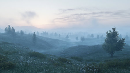 Foggy morning in the mountains. Panoramic view.の素材