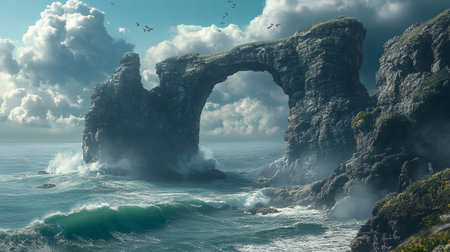 Fantasy landscape with sea, cliffs and clouds. 3d illustrationの写真素材